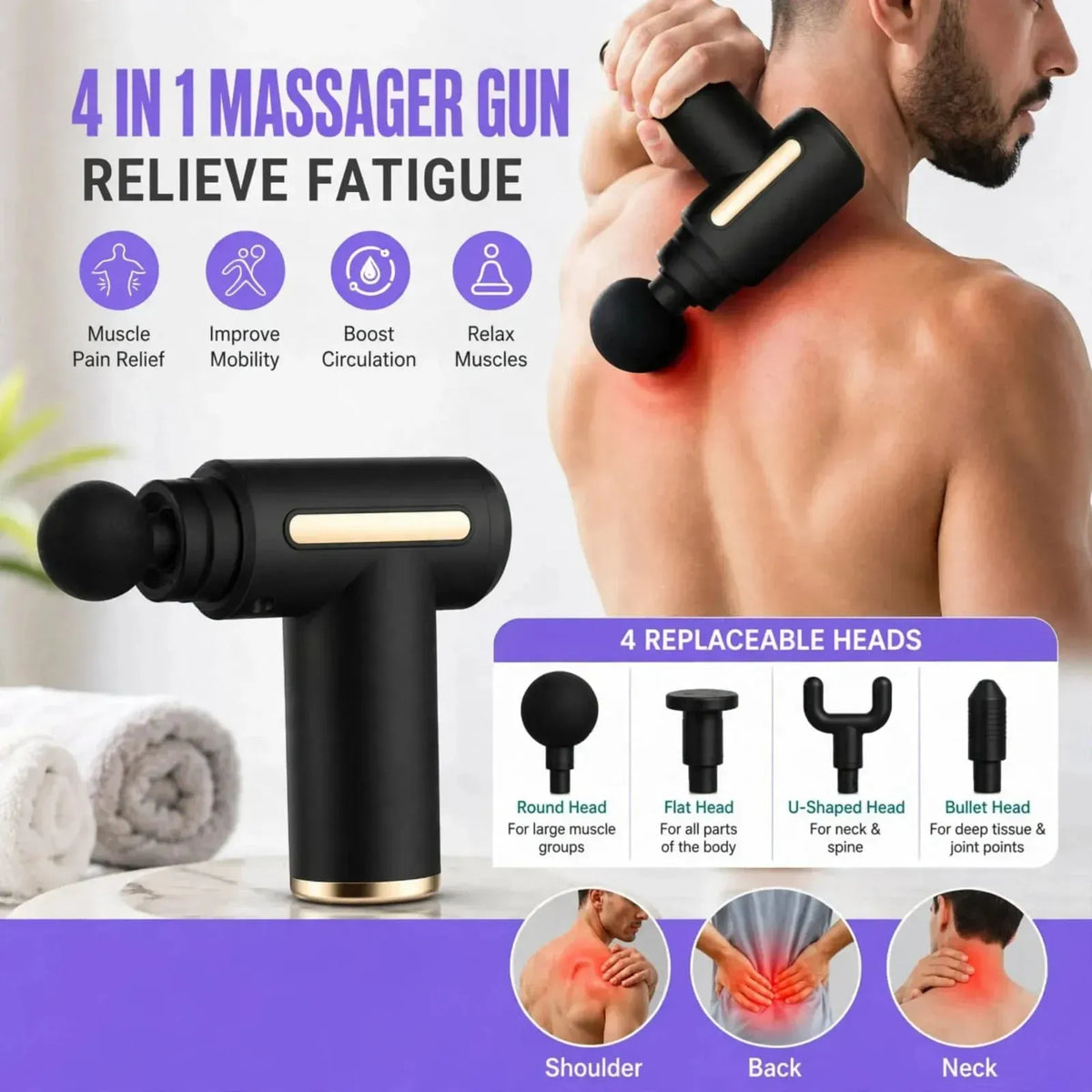 4-in-1 Massage Gun – Handheld Deep Tissue Muscle Massager